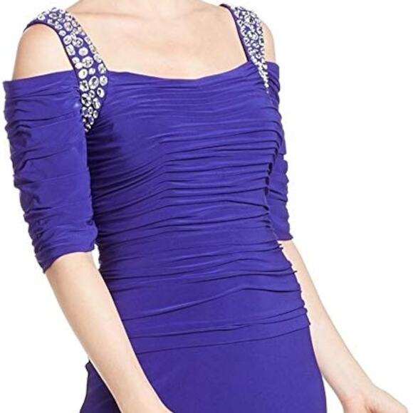 Alex Evenings Plus Size 14 Cobalt Blue Cold Shoulder Embellished Ruched Gown NWT - Picture 3 of 14